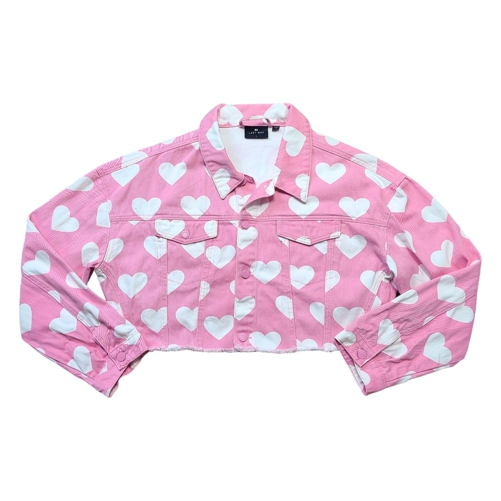 Lazy Oaf All My Heart Cropped Denim Jacket Pink - Picture 2 of 8